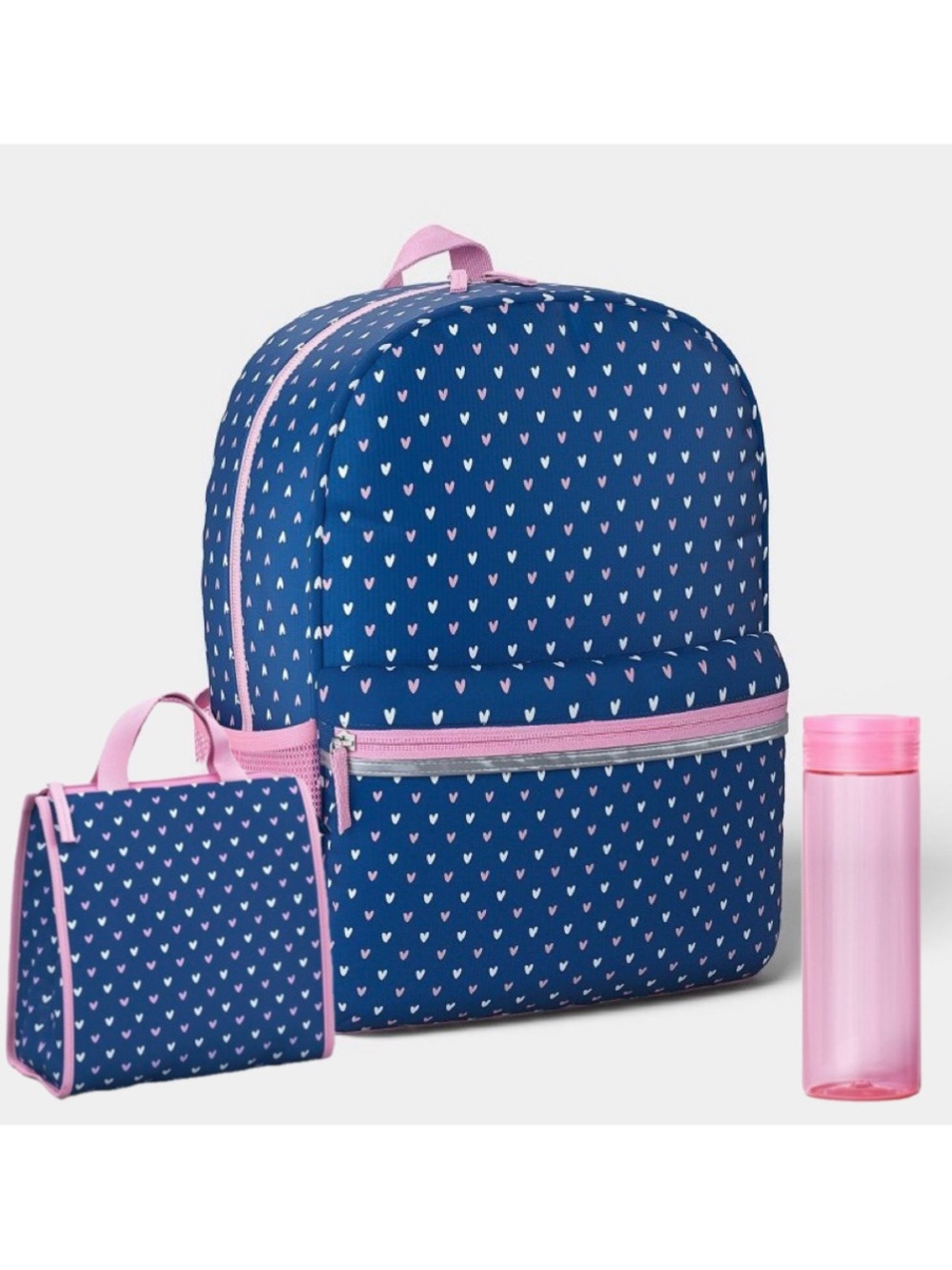 Heart Print White Navy & Pink Backpack Matching Sets Water Bottle Lunch Bag